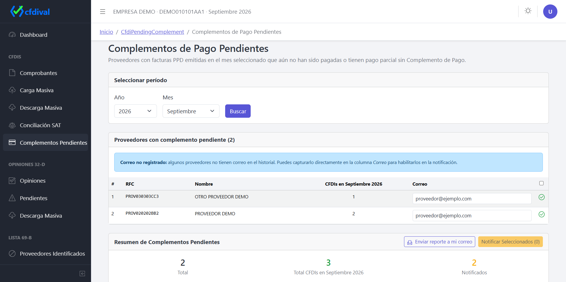 Listado de cfdival con las facturas PPD que tienen complemento de pago pendiente