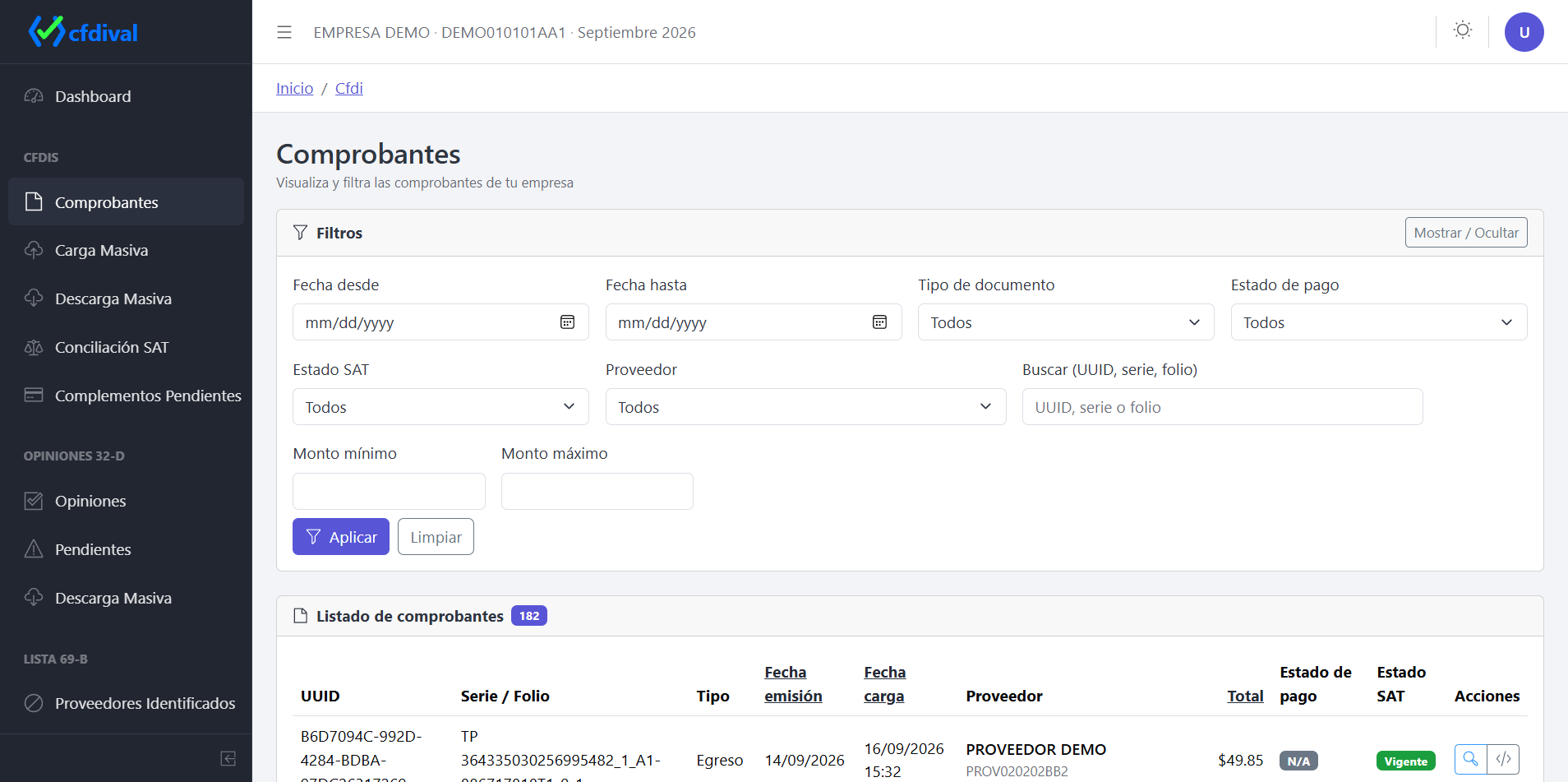 Listado de CFDI en cfdival con filtros aplicados por proveedor y estatus